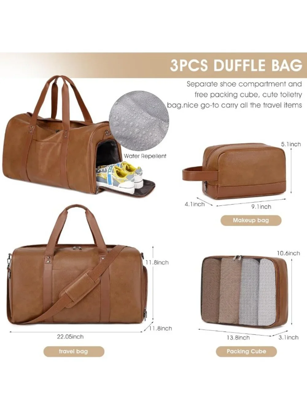 3PCS Faux Leather Weekender Travel Bag Set | Overnight Duffel with Shoe